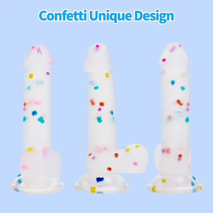 6.5 Inch Flexible Confetti Clear Silicone Dildo with Suction Cup Base for G-Spot and Prostate Stimulation
