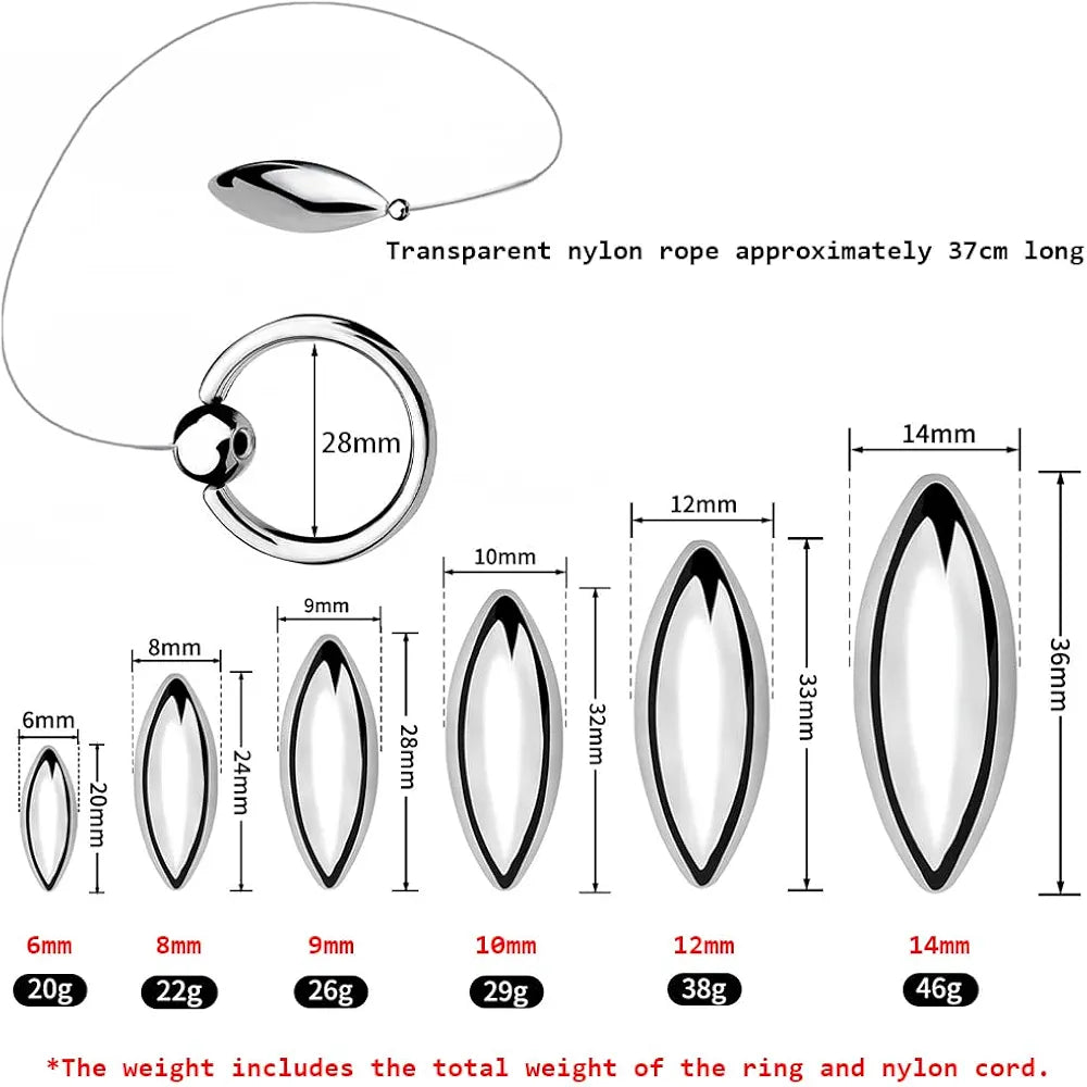 Heuceo Stainless Steel Oval Bullet Urethral Sound and Penis Plug Dilator Set with Ring and Nylon Line