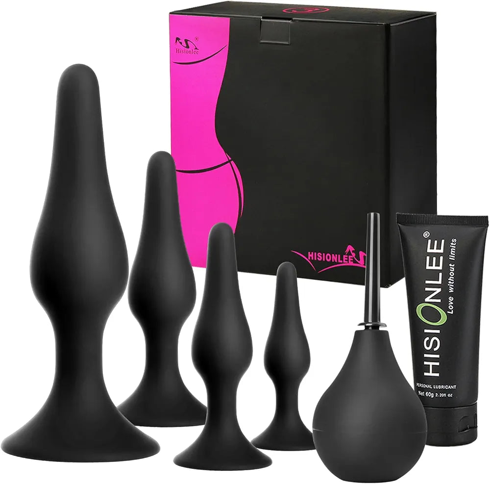 HISIONLEE 5-Piece Silicone Anal Training Kit: Beginner-Friendly Butt Plugs with Enema Set