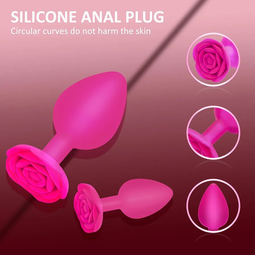 Silicone Rose-Shaped Anal Training Plug Set - 3 Piece Beginner to Advanced Prostate Massager Kit