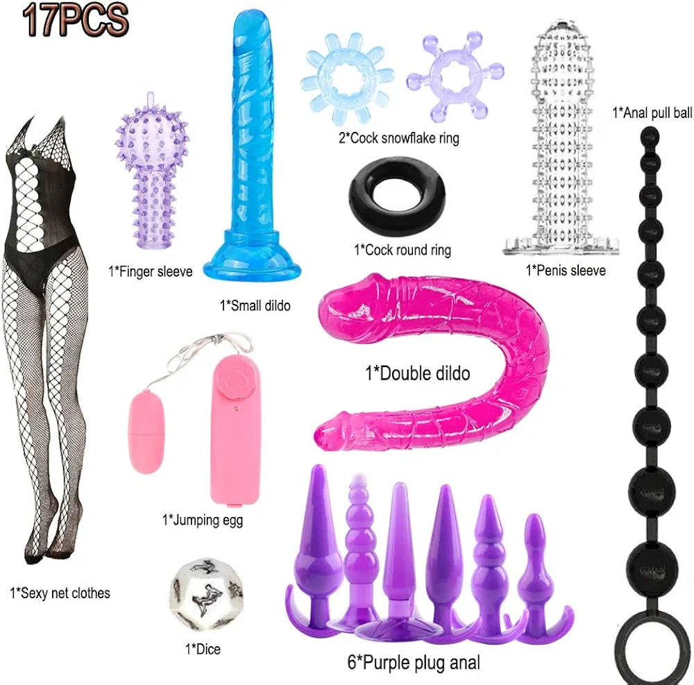 17-Piece Flexible Silicone Anal Bead Set with Ergonomic Butt Plug
