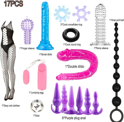 17-Piece Flexible Silicone Anal Bead Set with Ergonomic Butt Plug