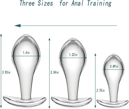 3-Piece Crystal Glass Anal Plug Set with Safety Base for Beginners