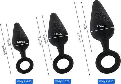 3-Piece Silicone Anal Training Plug Set with Pull Ring for Beginners