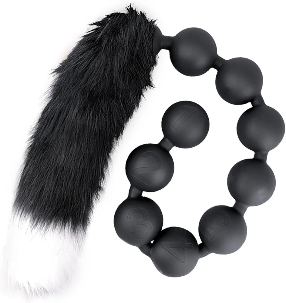Black Silicone Anal Bead Chain with Detachable Fox Tail Plug for Prostate and G-Spot Stimulation