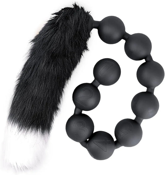 Black Silicone Anal Bead Chain with Detachable Fox Tail Plug for Prostate and G-Spot Stimulation