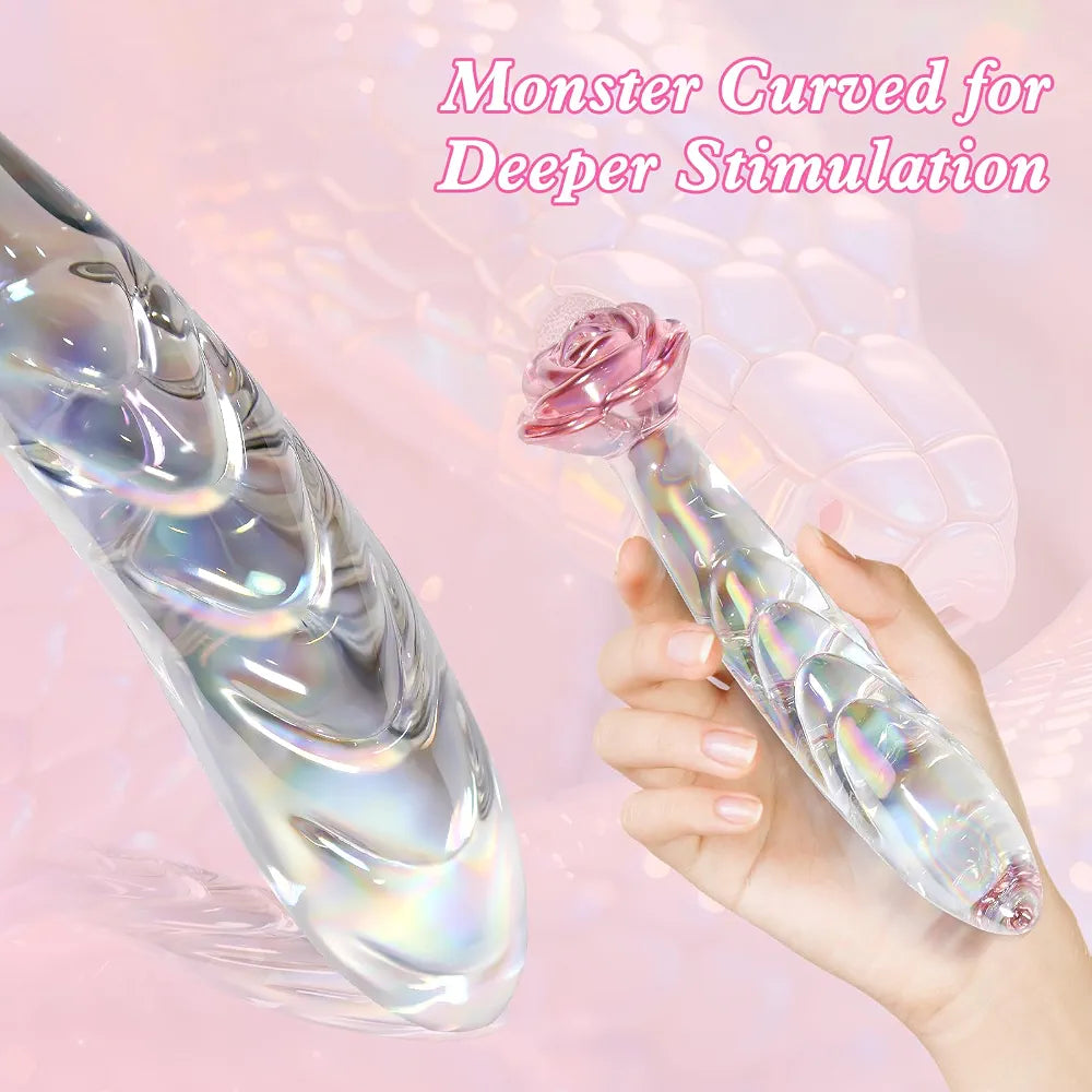 7.2 Inch Rainbow Glass Anal Dildo & Butt Plug - Rose-Shaped Monster Design for Beginners, Clitoral, G-Spot Stimulation - Unisex Couples Sex Toy
