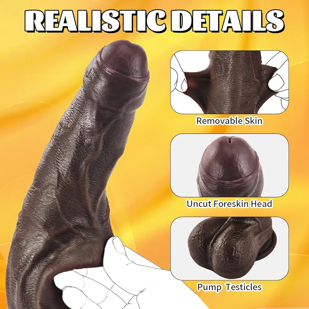 10-Inch Realistic Uncut Silicone Dildo with Movable Foreskin and Strong Suction Cup
