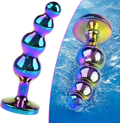 Premium Graduated Metal Anal Bead Plug with Jeweled Base and Curved Design