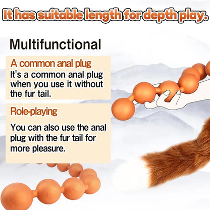 Black Silicone Anal Bead Chain with Detachable Fox Tail Plug for Prostate and G-Spot Stimulation