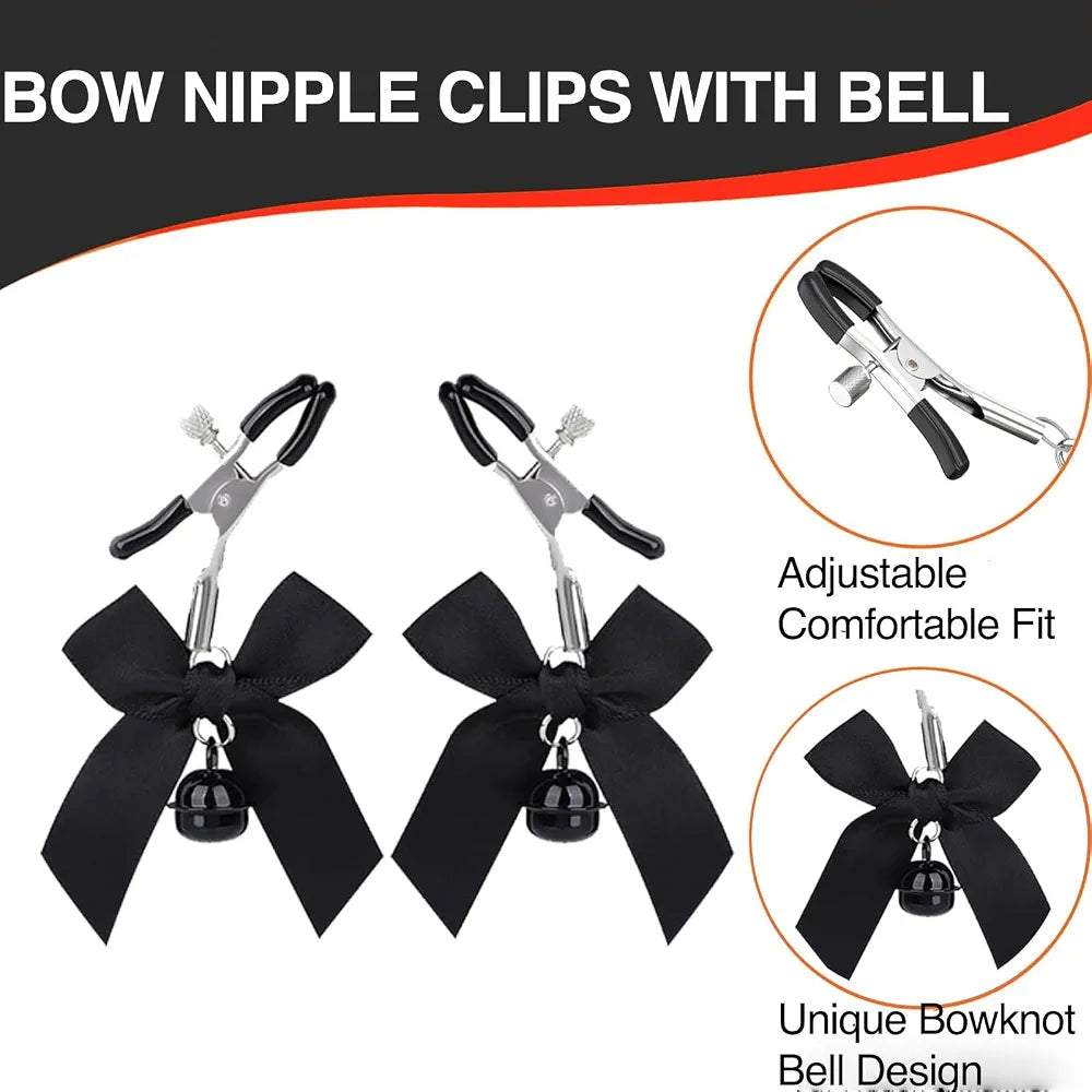 Adjustable Metal Nipple Clamps and Collar Set with Decorative Bells for Sensual Play