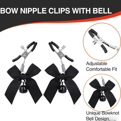 Adjustable Metal Nipple Clamps and Collar Set with Decorative Bells for Sensual Play