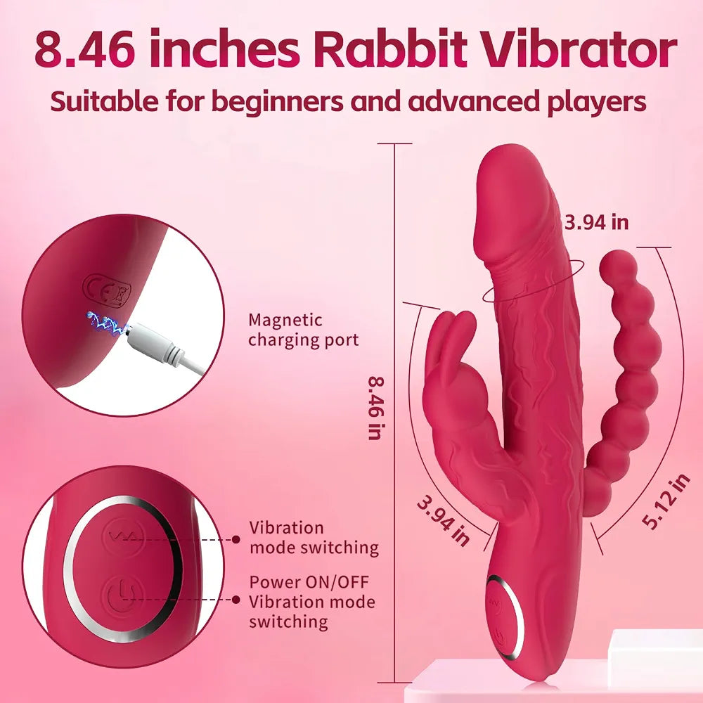 3-in-1 Rabbit G-Spot Vibrator with Anal Beads and 10 Vibration Modes - Silicone Clitoral and Nipple Stimulator for Women