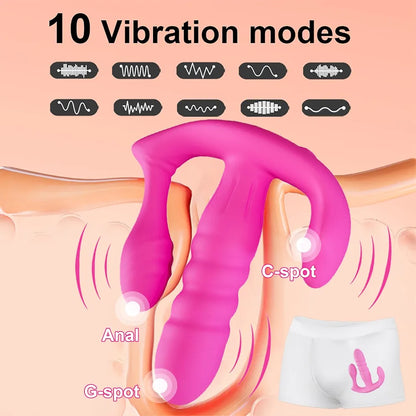 3-in-1 Remote Controlled Wearable Vibrating Panty, Thrusting Dildo, and Anal Vibrator with 10 Vibration and 3 Thrust Modes for Couples