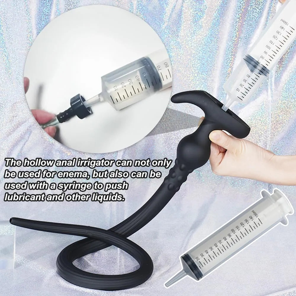 41-Inch Extra Long Silicone Anal Douche and Hollow Plug Set with 150ml Syringe for Deep Cleaning