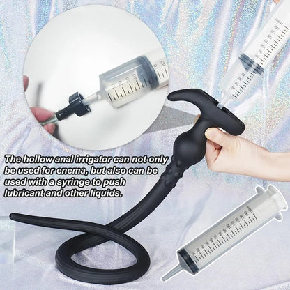 41-Inch Extra Long Silicone Anal Douche and Hollow Plug Set with 150ml Syringe for Deep Cleaning
