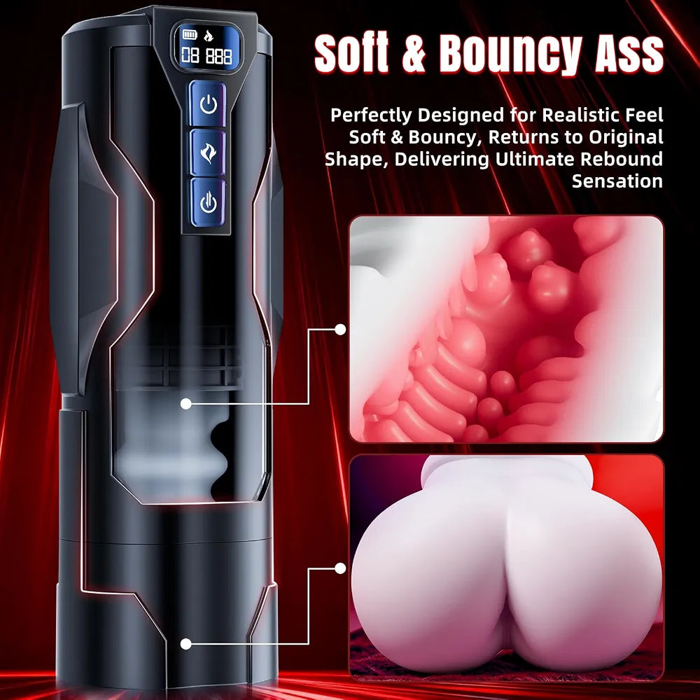 BootyPop Automatic Male Masturbator with 360° Heating, 10 Vibration & 7 Thrusting Modes, Realistic Dual-Channel Stroker with LCD Display