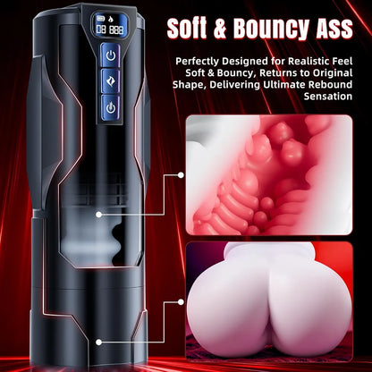 BootyPop Automatic Male Masturbator with 360° Heating, 10 Vibration & 7 Thrusting Modes, Realistic Dual-Channel Stroker with LCD Display