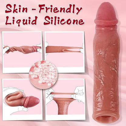 Realistic Penis Sleeve Sex Toys for Men, Reusable 8.6'' Silicone Cock Sleeve Enlarger with Thickened Testicle Penis Ring, Delay Ejaculation Enhance Erection Penis Extender Male Couples Adult Toys