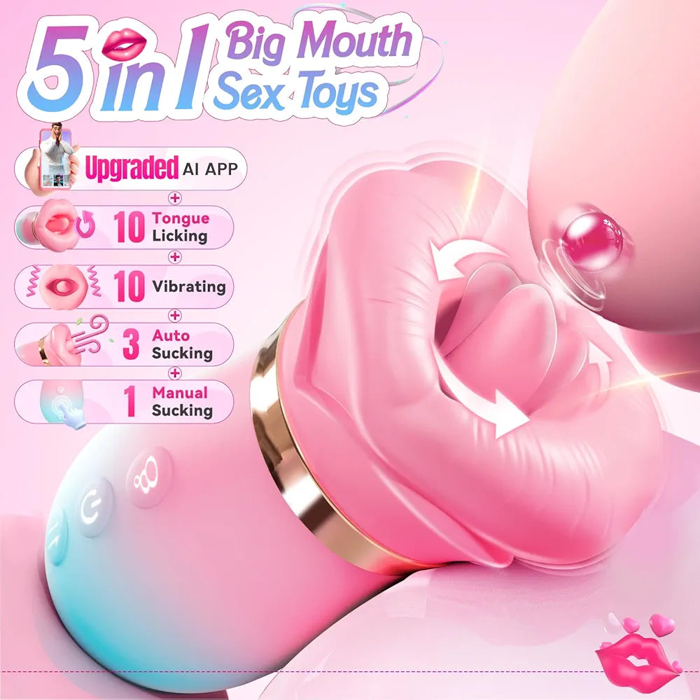 Sovokn 5-in-1 Rose Sucking Vibrator with App Control, 10 Tongue Licking Modes, and 4 Sucking Functions for Couples