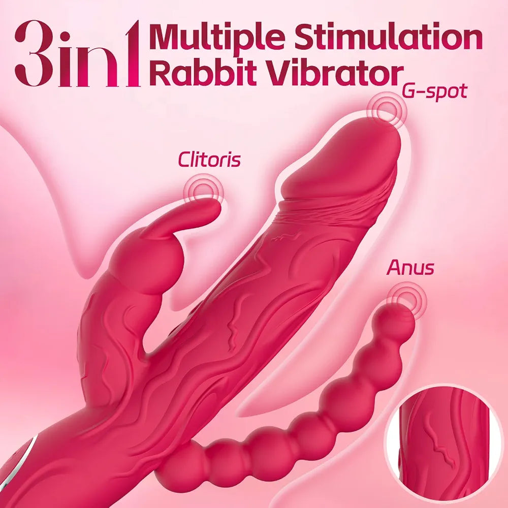 3-in-1 Rabbit G-Spot Vibrator with Anal Beads and 10 Vibration Modes - Silicone Clitoral and Nipple Stimulator for Women