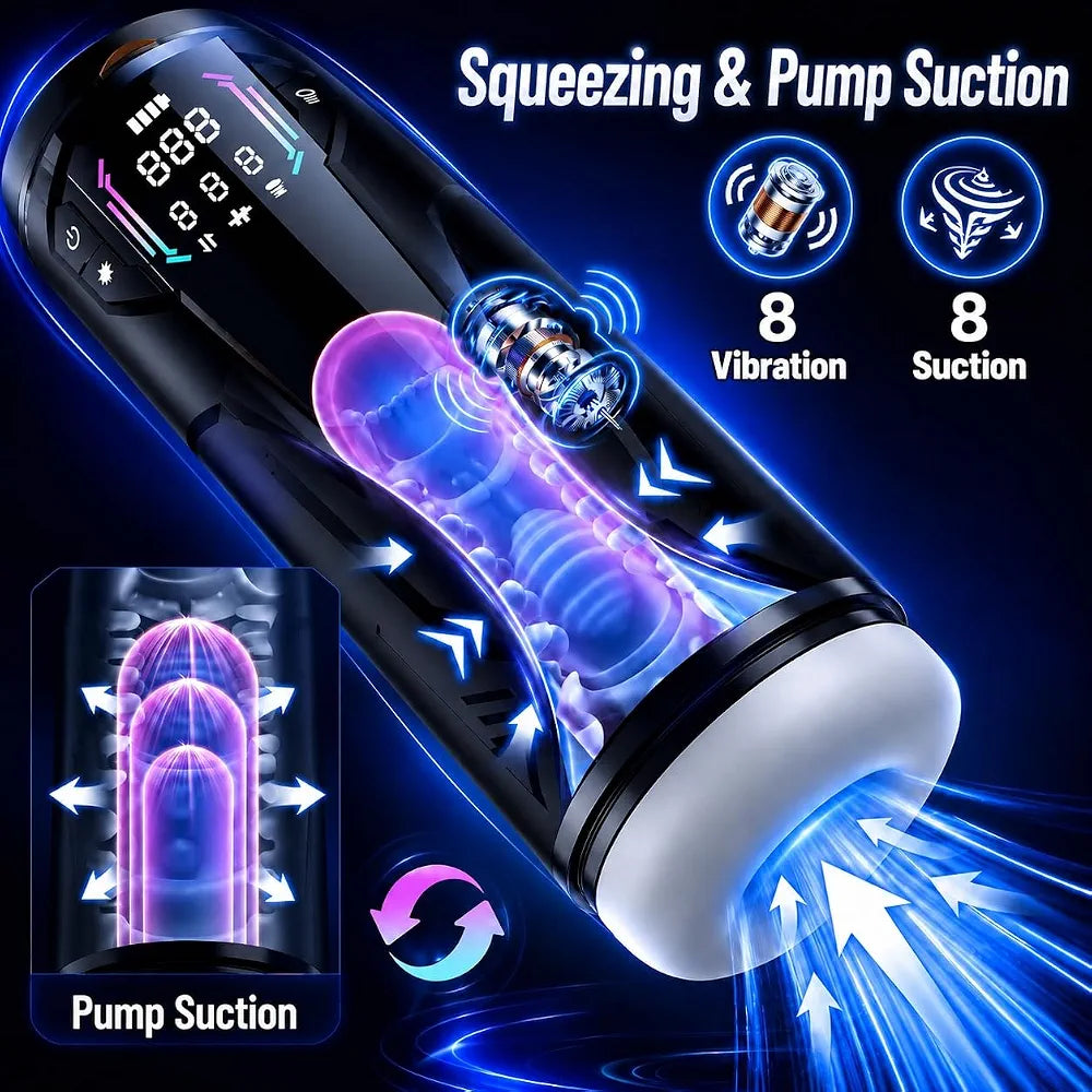 Uoffile AI-Powered Interactive Male Masturbator with 8 Vibration, Suction, and Thrusting Modes, LCD Display, and Suction Base