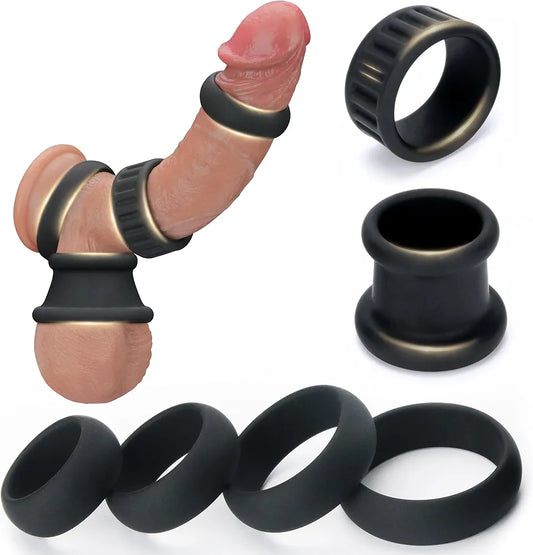 6-Piece Adjustable Silicone Penis Ring and Ball Stretcher Set for Enhanced Performance
