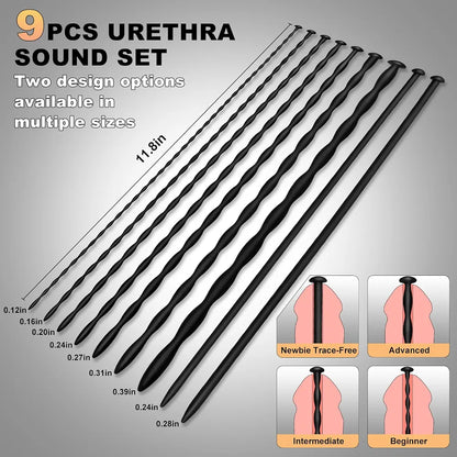 9-Piece Waterproof Silicone Urethral Sound and Dilator Training Set for Men