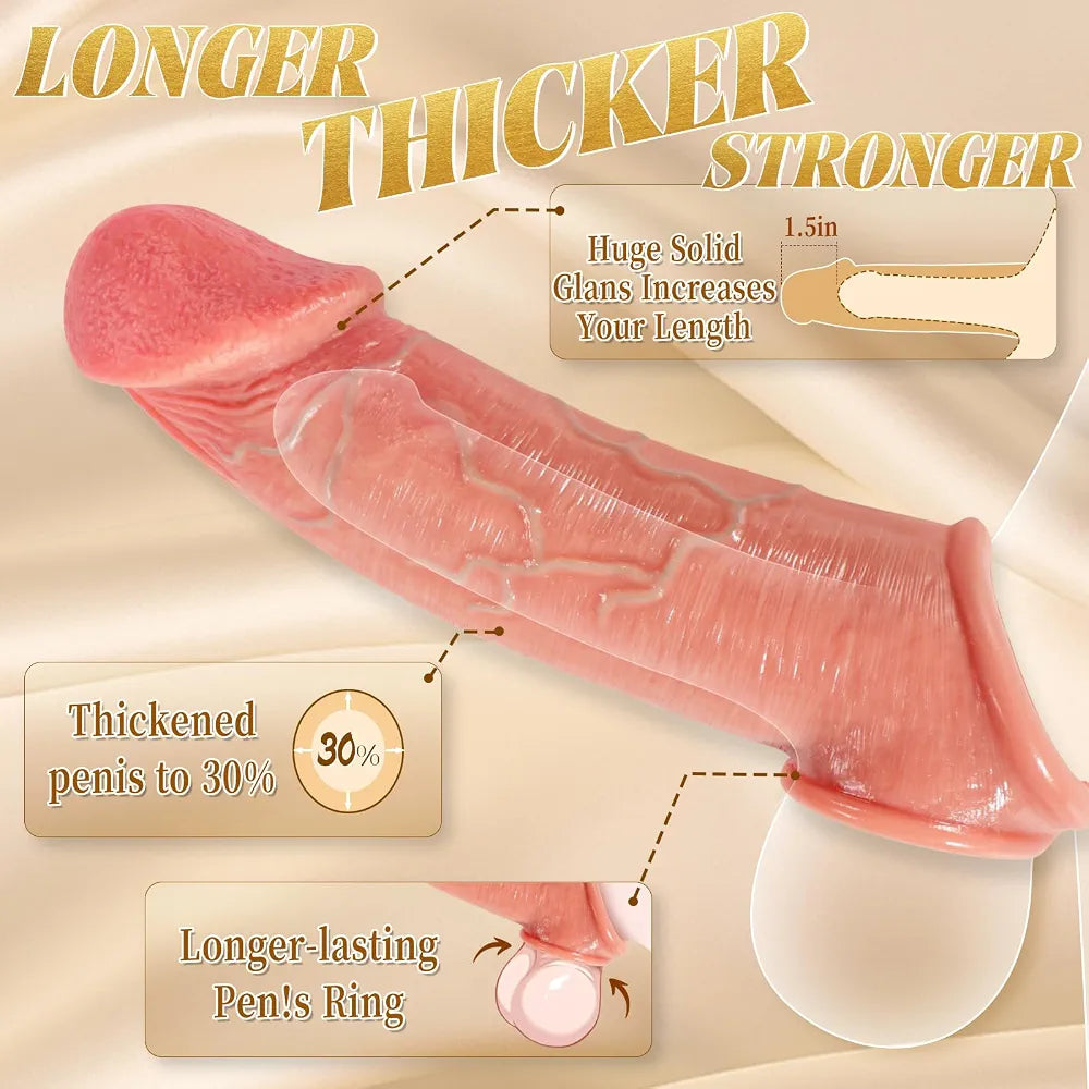 Penis Sleeve with 2.3'' Diameter Huge Realistic Glans, Reusable 8.5'' Silicone Cock Sleeve Sex Toys for Men, Delay Ejaculation Penis Extender with Thickened Testicle Ring, Couples Male Sex Toys