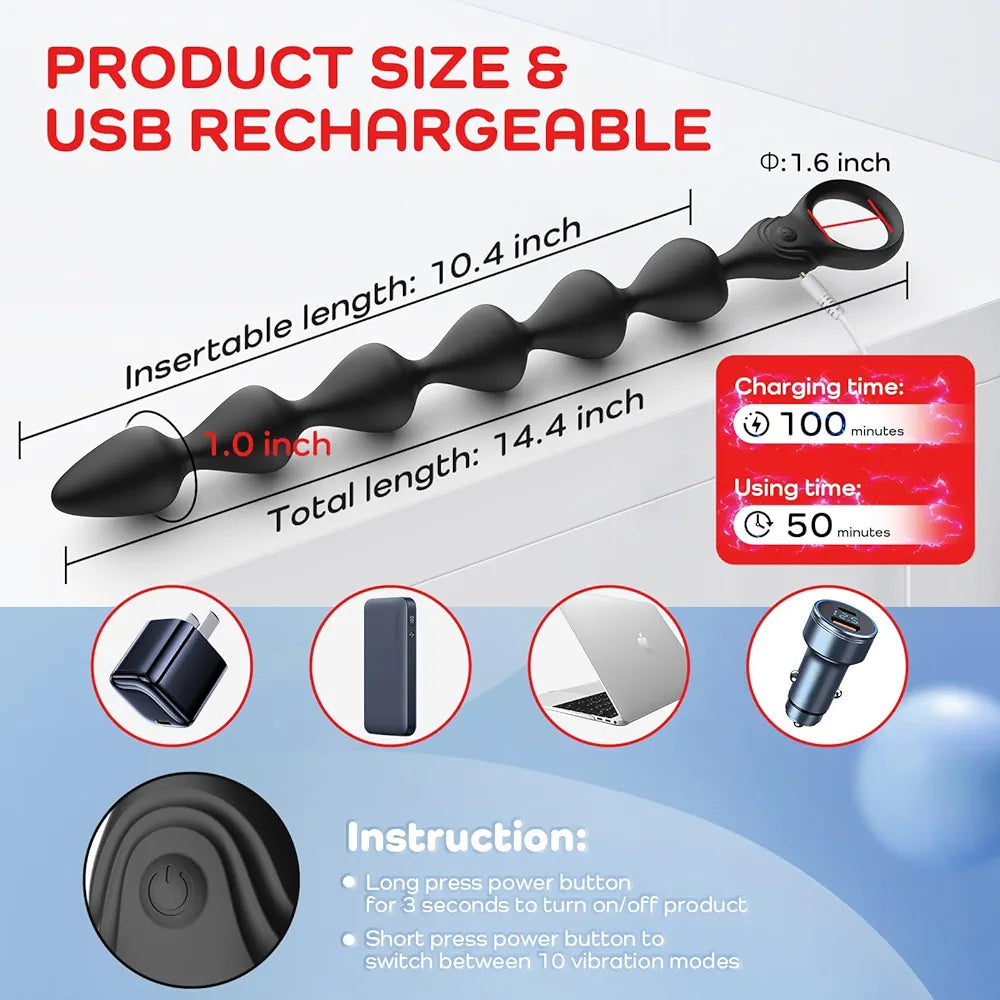 Rechargeable 14.4-Inch Flexible Silicone Vibrating Anal Beads and Prostate Massager with 10 Vibration Modes