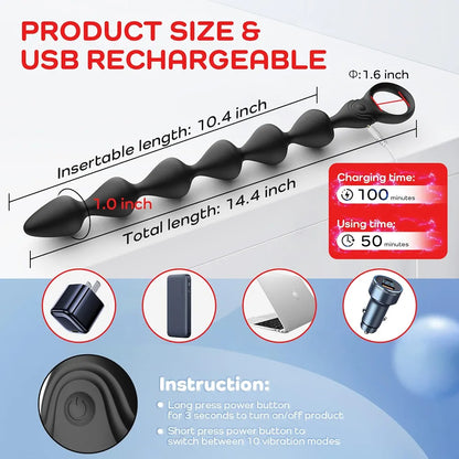 Rechargeable 14.4-Inch Flexible Silicone Vibrating Anal Beads and Prostate Massager with 10 Vibration Modes