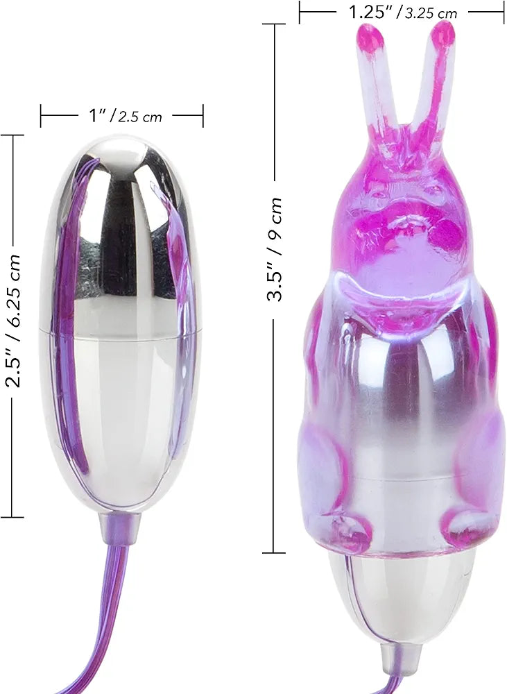 CalExotics Dual Bunny Teaser: Rabbit Tickler & Double Bullet Vibrator for Couples - Purple