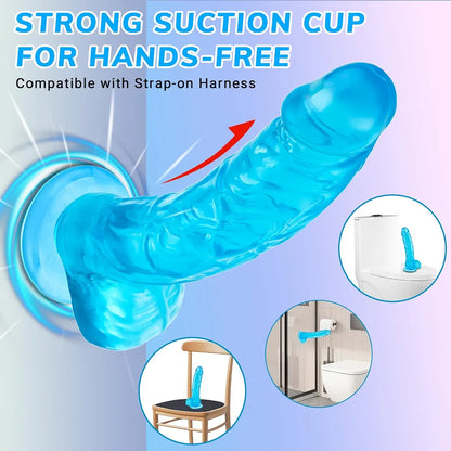 7-Inch Realistic Soft Blue Silicone Dildo with Strong Suction Cup - Waterproof Lifelike Sex Toy for G-Spot and Anal Play