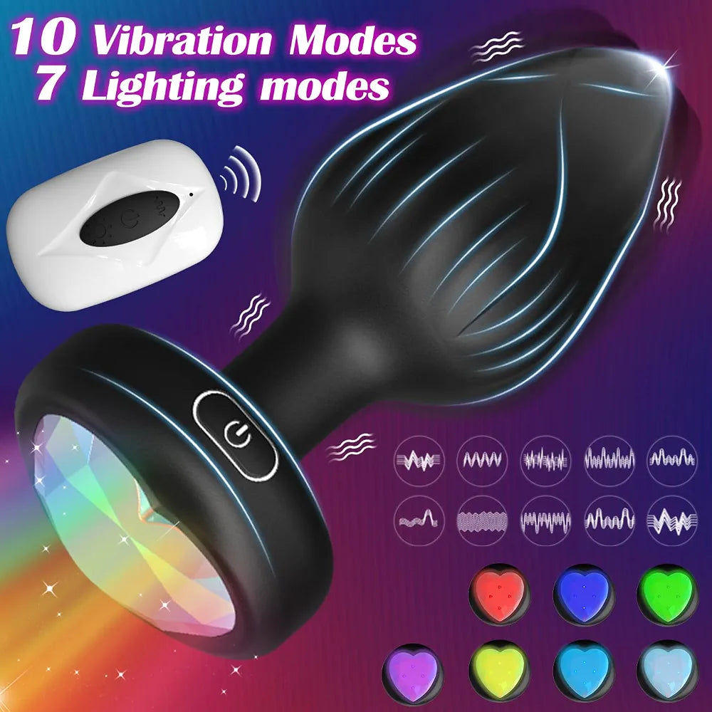 10-Mode Vibrating Crystal Butt Plug with Remote Control and LED Base - Prostate Massager for Men and Women