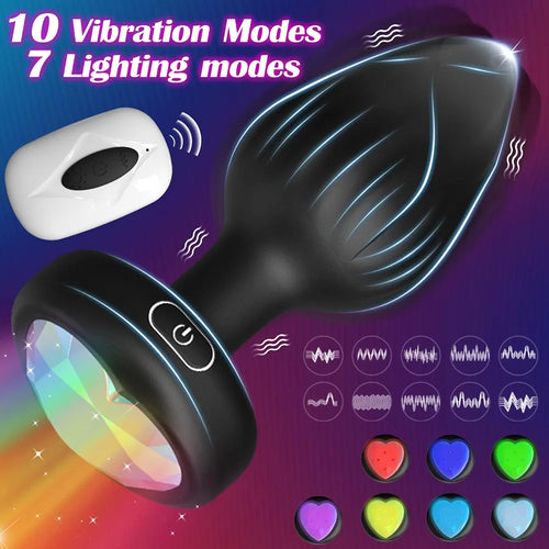 10-Mode Vibrating Crystal Butt Plug with Remote Control and LED Base - Prostate Massager for Men and Women