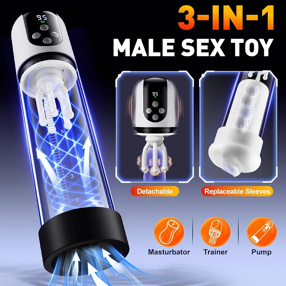 Male Penis Pump Sex Toys for Men, 3-in-1 Dick Enlarger Penis Extender & Male Masturbator, Detachable Glans Trainer with 5 Suction & 9 Vibration, Adult Sex Toys with Pocket Pussy for Men Masturbation