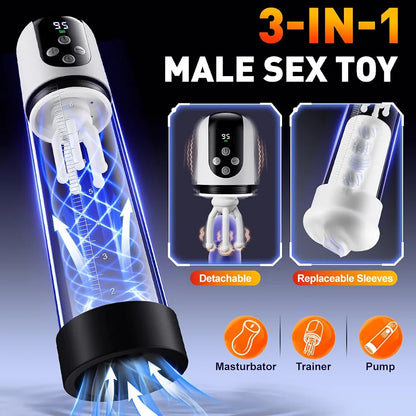 Male Penis Pump Sex Toys for Men, 3-in-1 Dick Enlarger Penis Extender & Male Masturbator, Detachable Glans Trainer with 5 Suction & 9 Vibration, Adult Sex Toys with Pocket Pussy for Men Masturbation