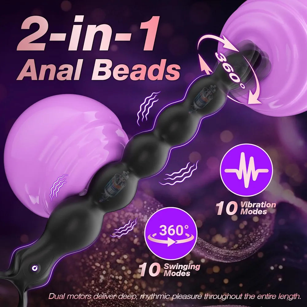 Premium Silicone Vibrating & Rotating Anal Bead Massager with 360-Degree Swinging Head