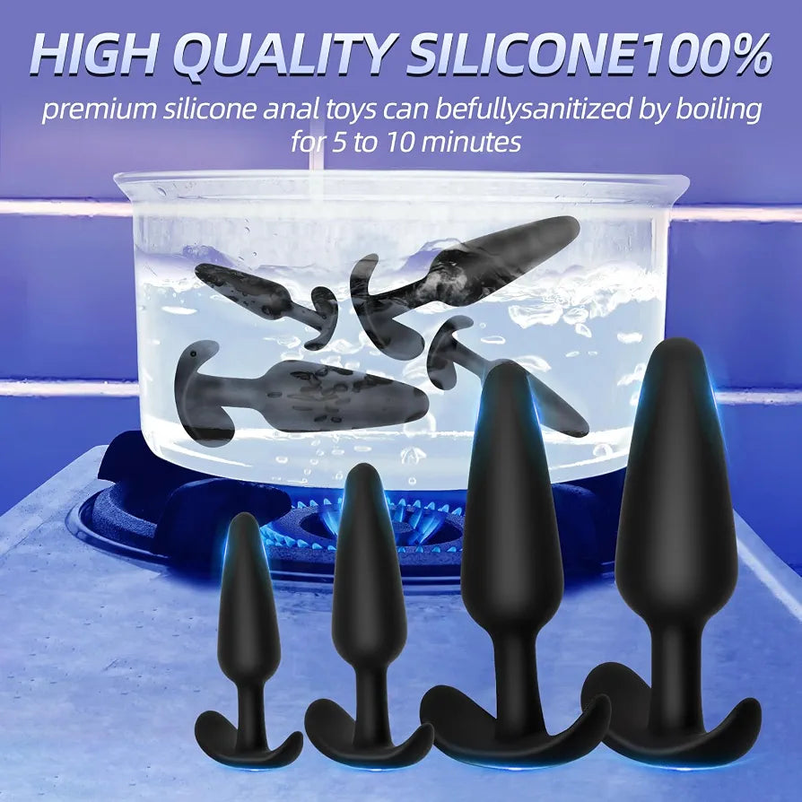 4-Piece Silicone Anal Training Plug Set: Progressive Beginner to Advanced Kit with Flared Base