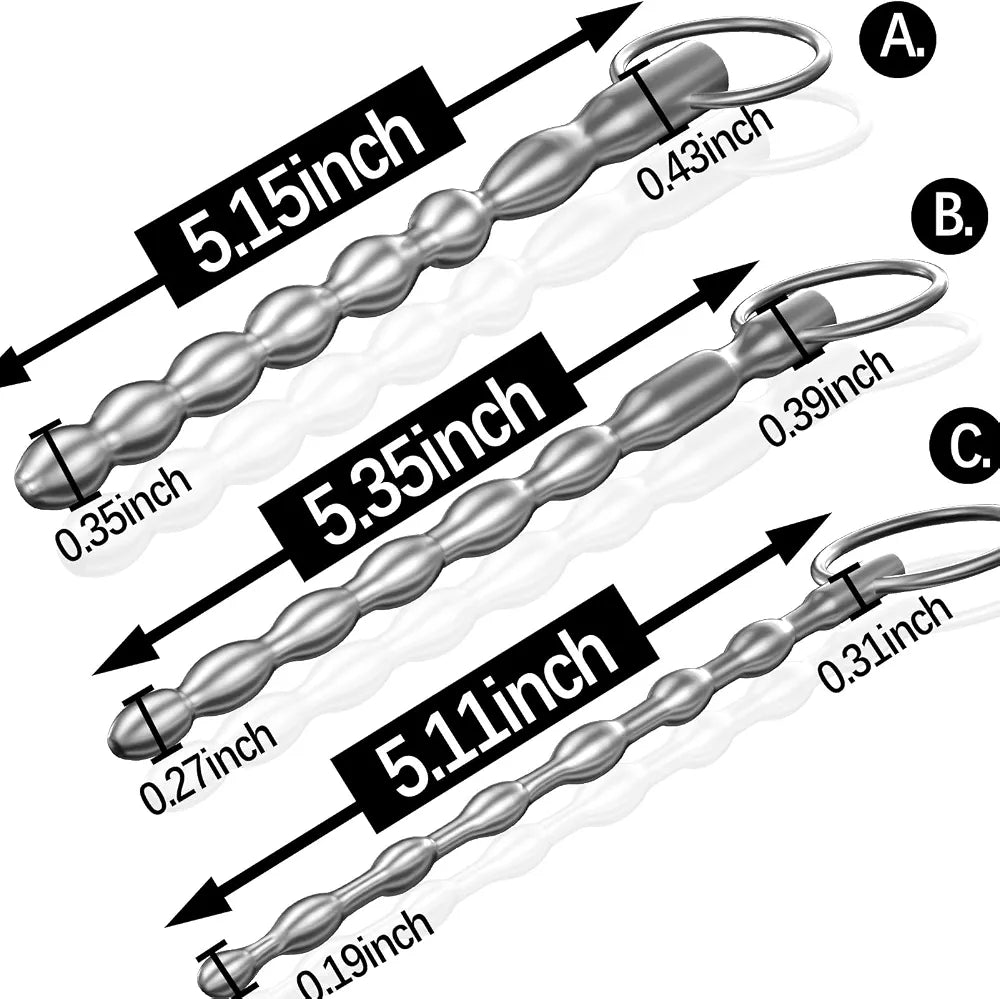 3-Piece Stainless Steel Bumpy Urethral Dilator Set with Safety Ring - Men's Masturbation Rod