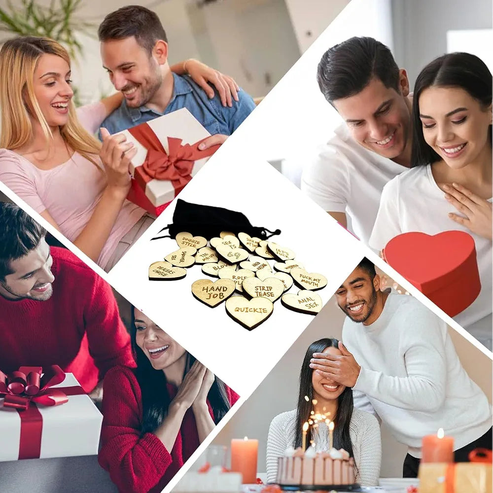 Romantic Wooden Activity Tokens for Couples - 20 Heart-Shaped Date Night Game Pieces