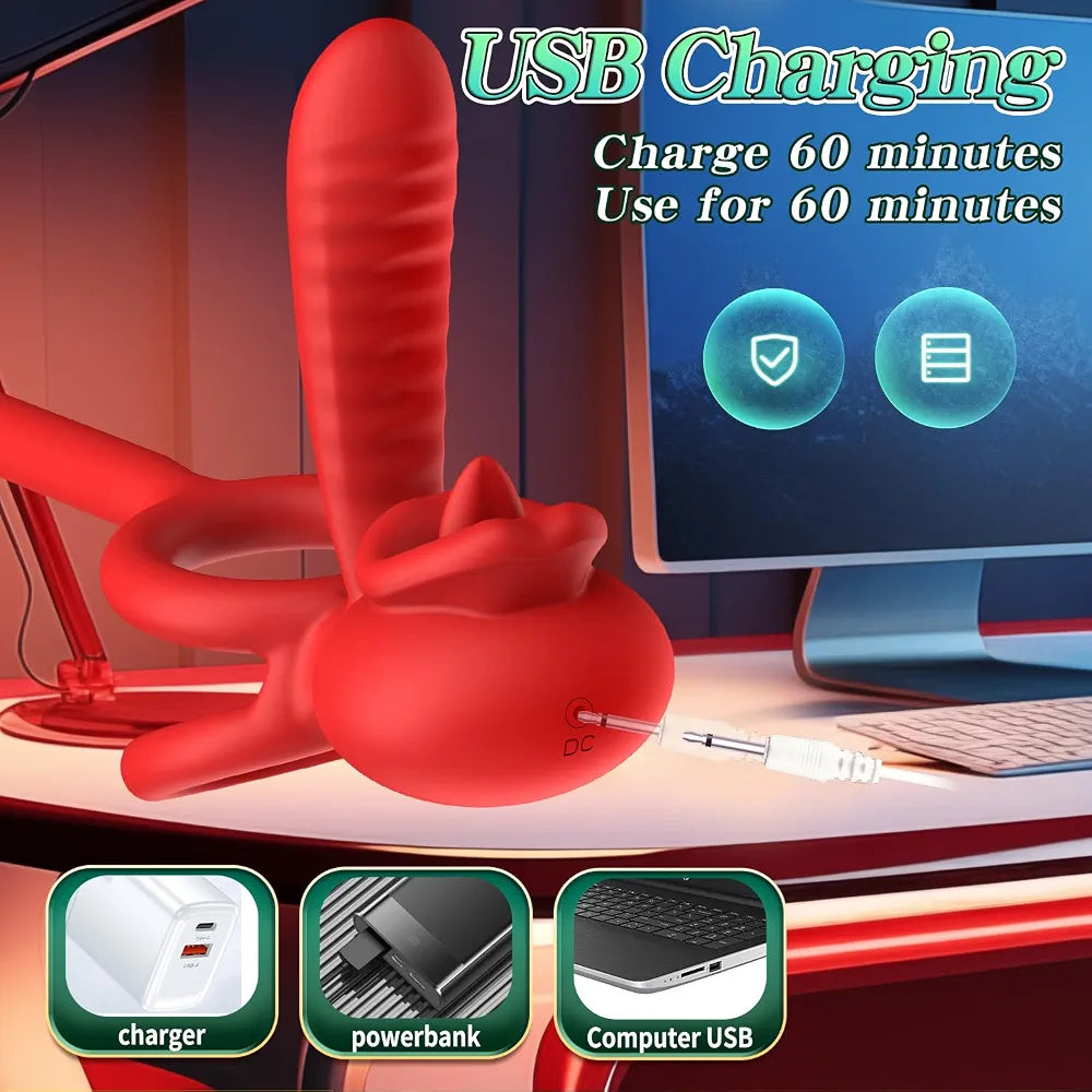Premium 3-in-1 Dual Vibrating Cock Ring with 9 Stimulation Modes and Tongue Licking Function