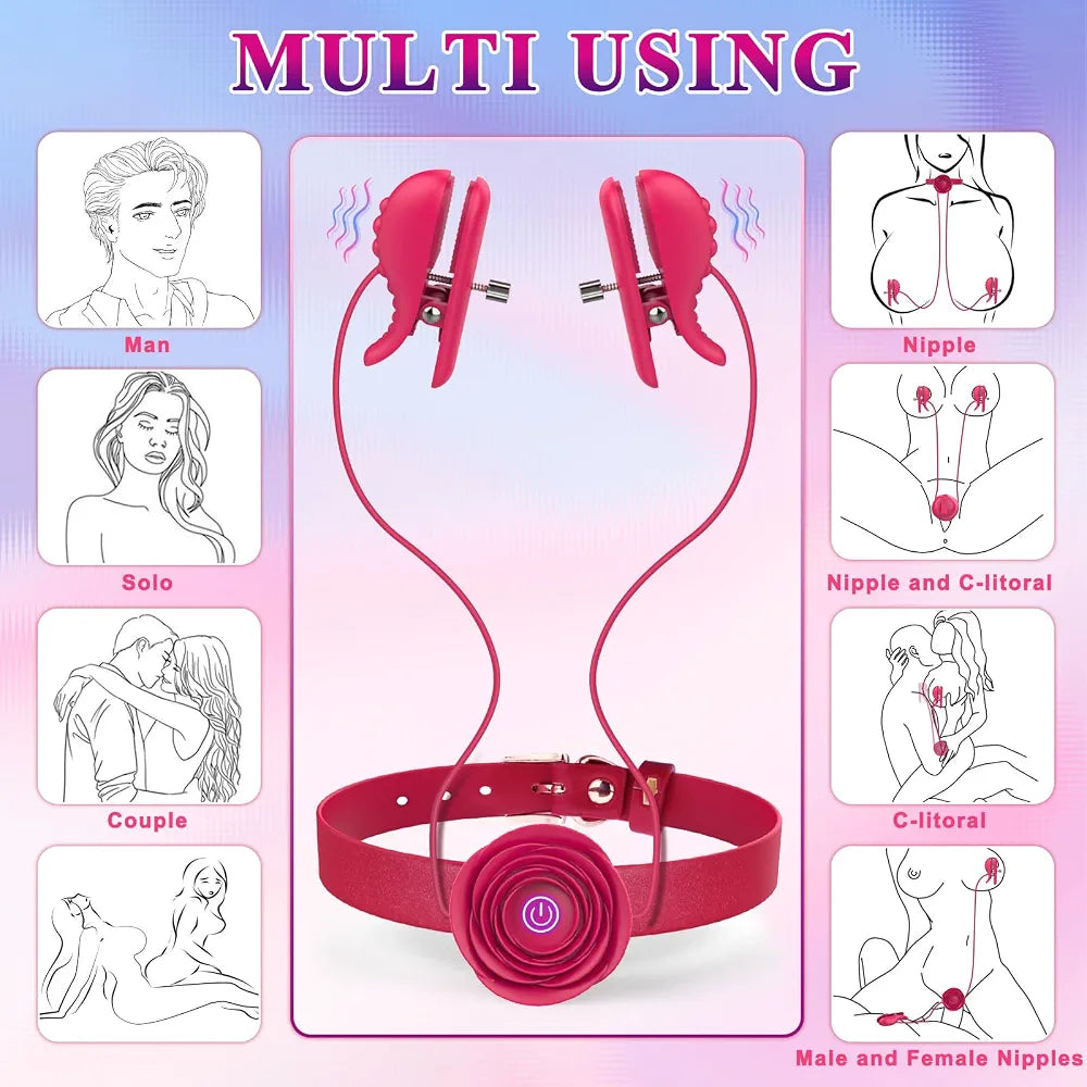 Adjustable Nipple Clamps with Vibrating Rose Pendant and BDSM Choker Necklace for Couples