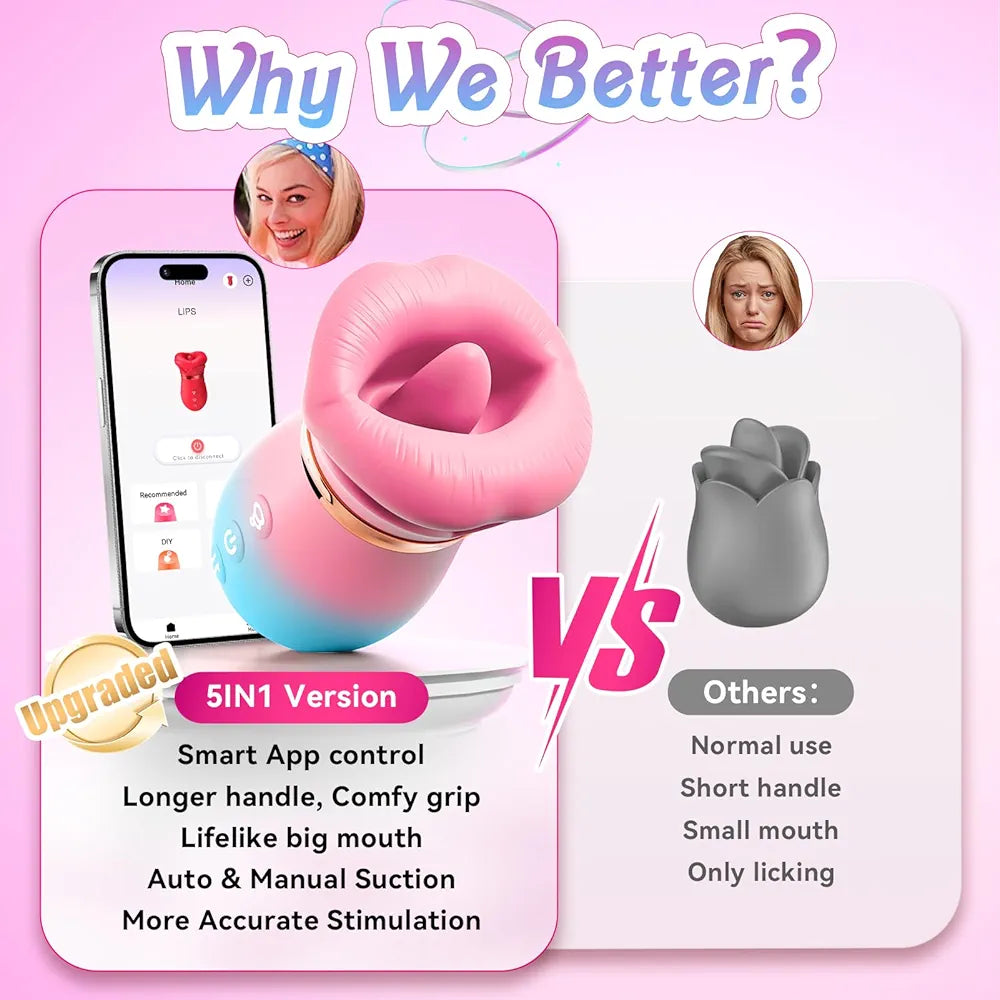 Sovokn 5-in-1 Rose Sucking Vibrator with App Control, 10 Tongue Licking Modes, and 4 Sucking Functions for Couples