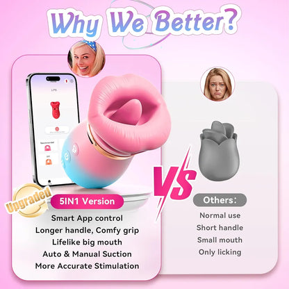 Sovokn 5-in-1 Rose Sucking Vibrator with App Control, 10 Tongue Licking Modes, and 4 Sucking Functions for Couples