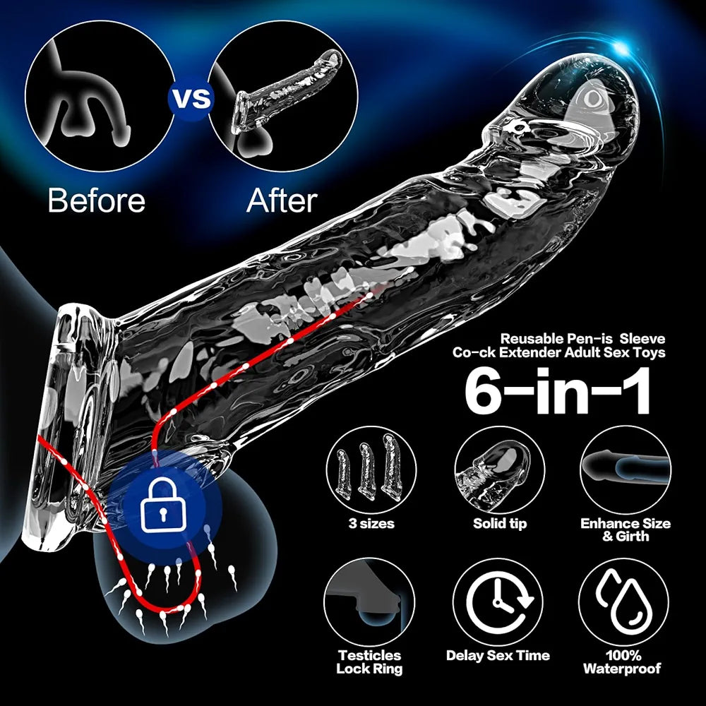 3 Sizes Reusable Penis Sleeve with Cock Ring – Soft Clear Cock Sleeve Penis Extender for Added Length & Girth, Stable Fit that Stays in Place, Sex Toys for Men & Couples