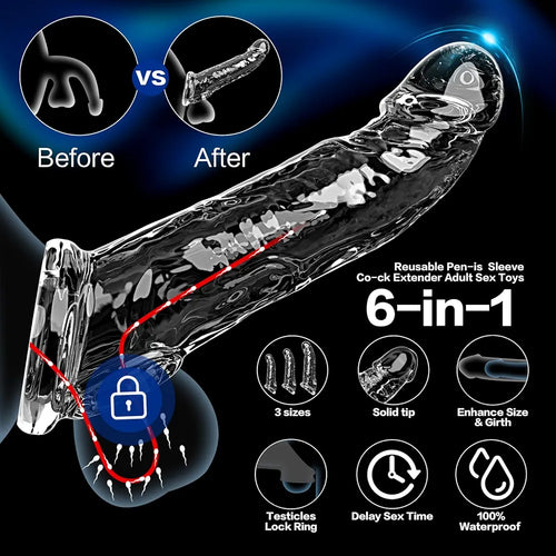 3 Sizes Reusable Penis Sleeve with Cock Ring – Soft Clear Cock Sleeve Penis Extender for Added Length & Girth, Stable Fit that Stays in Place, Sex Toys for Men & Couples