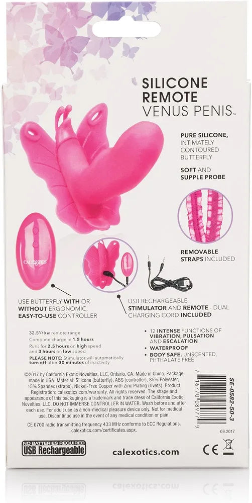 CalExotics Venus Butterfly Silicone Remote-Controlled Hands-Free Strap-On Vibrating Massager for Couples - Pink