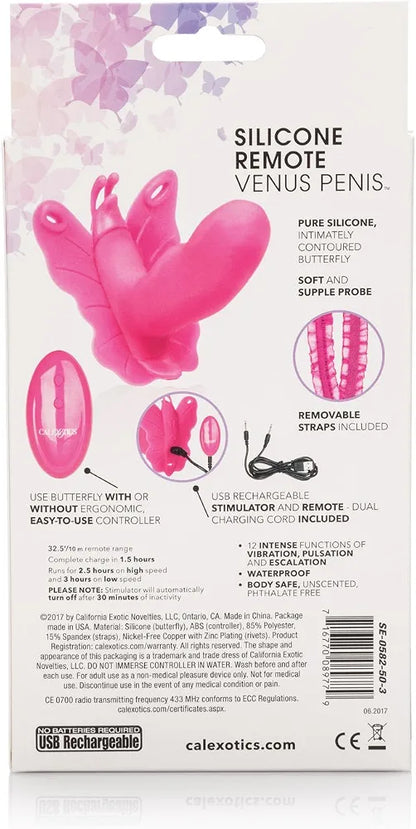 CalExotics Venus Butterfly Silicone Remote-Controlled Hands-Free Strap-On Vibrating Massager for Couples - Pink