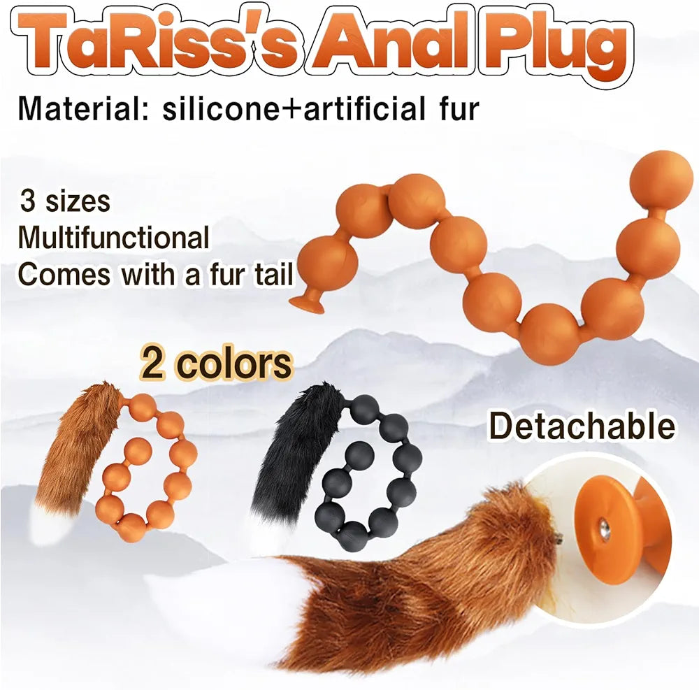 Black Silicone Anal Bead Chain with Detachable Fox Tail Plug for Prostate and G-Spot Stimulation